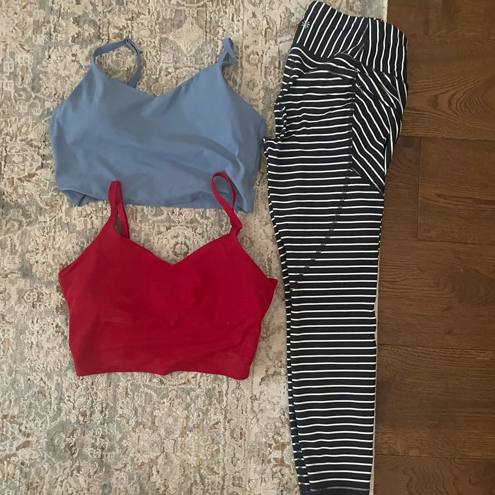 Athleta Bundle M Blue and Red Crop Tops with Striped Leggings